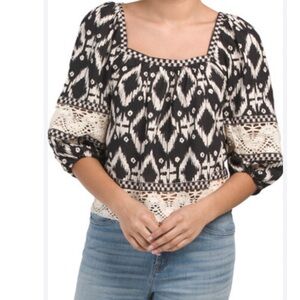 Christian Siriano Tribal Print Crochet Puff Sleeve Top Black Beige size S